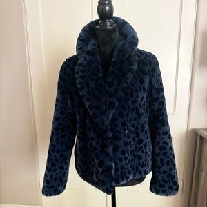 Ted Baker Leopard Print Faux Fur Jacket Blue Black Size 1 US 4 Fully Lined